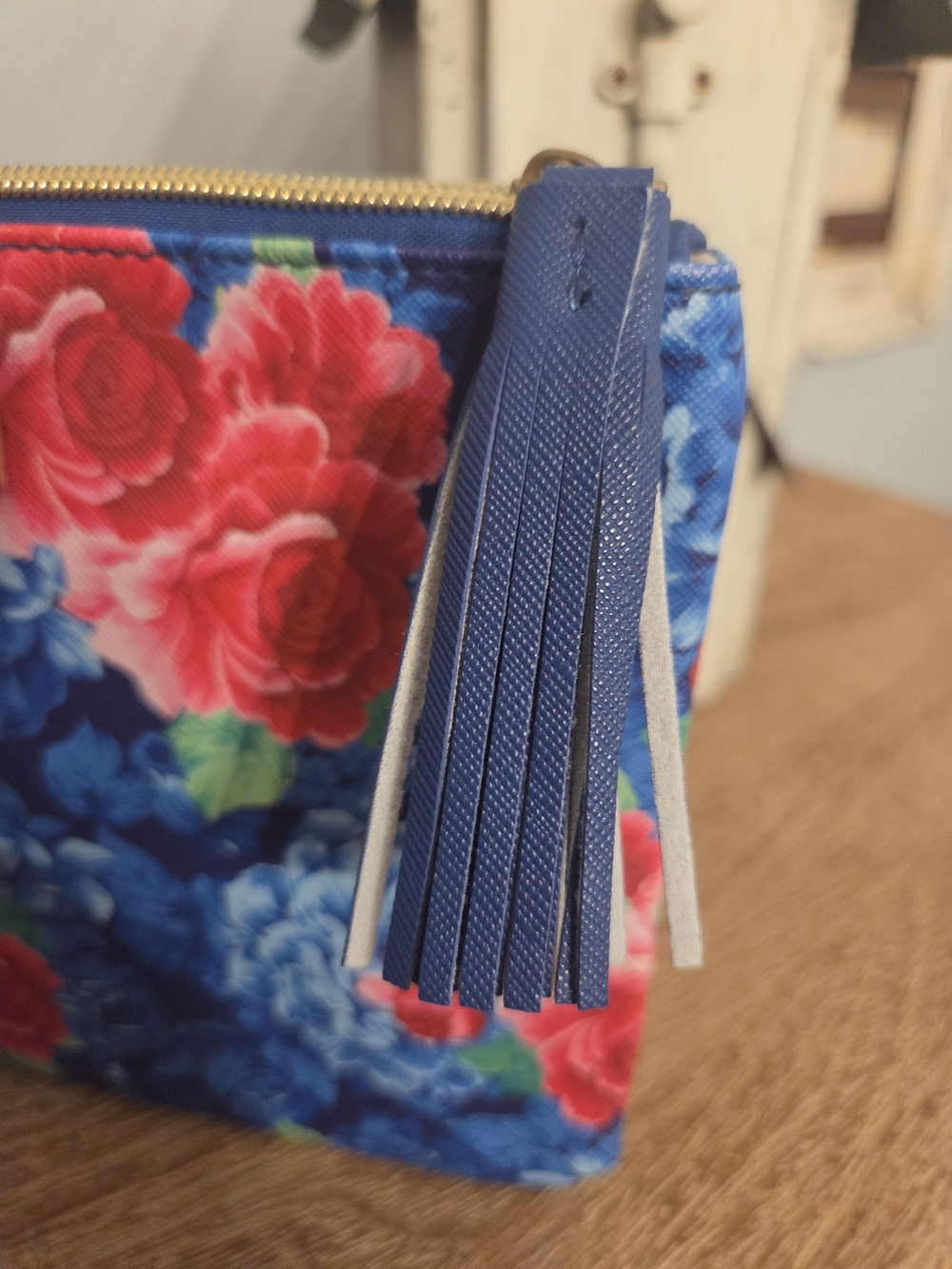The Pioneer Woman Blue Floral Zip Wristlet with Red & Pink Blooms - Picture 2 of 5